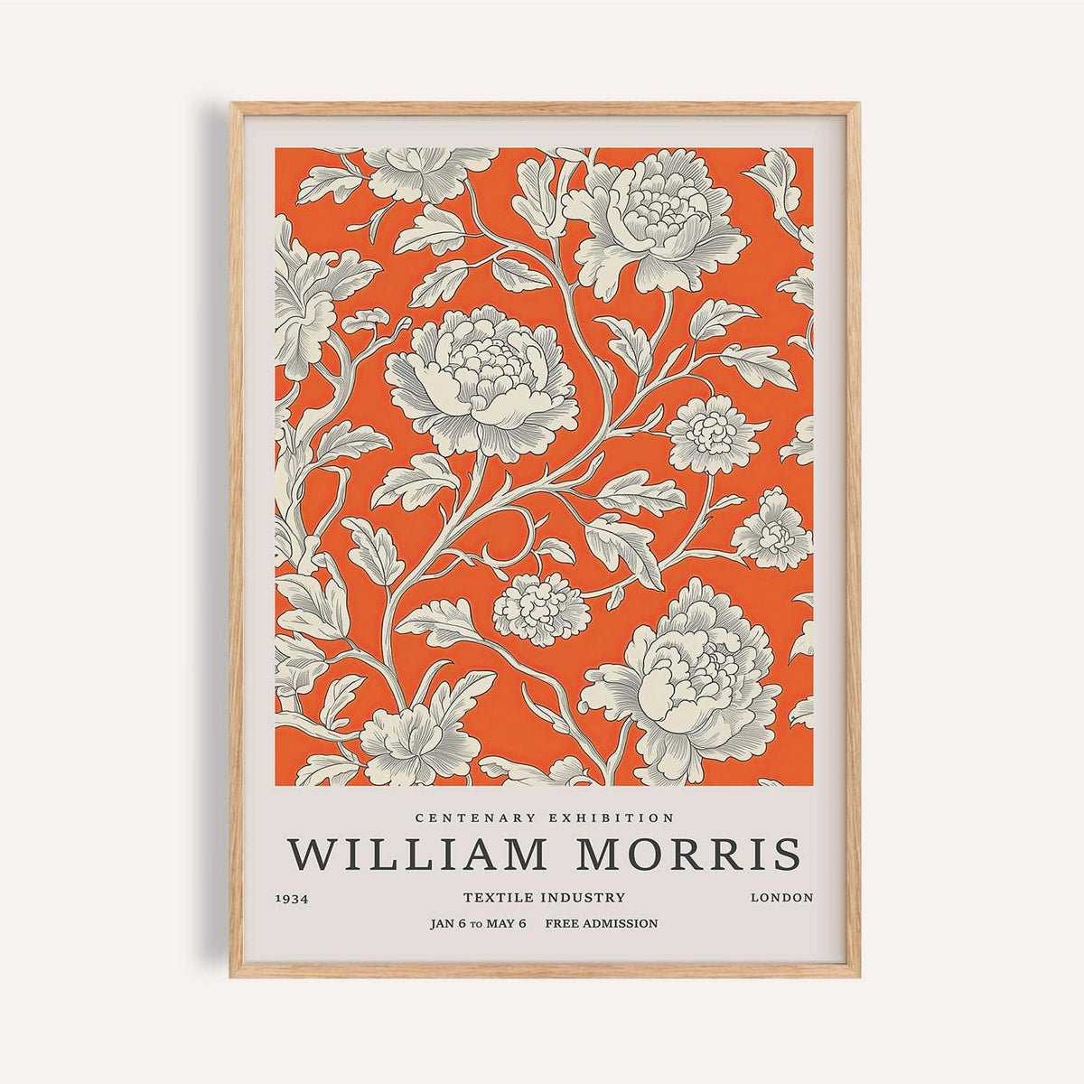 Framed vintage flower art with grey peony flowers on an orange background
