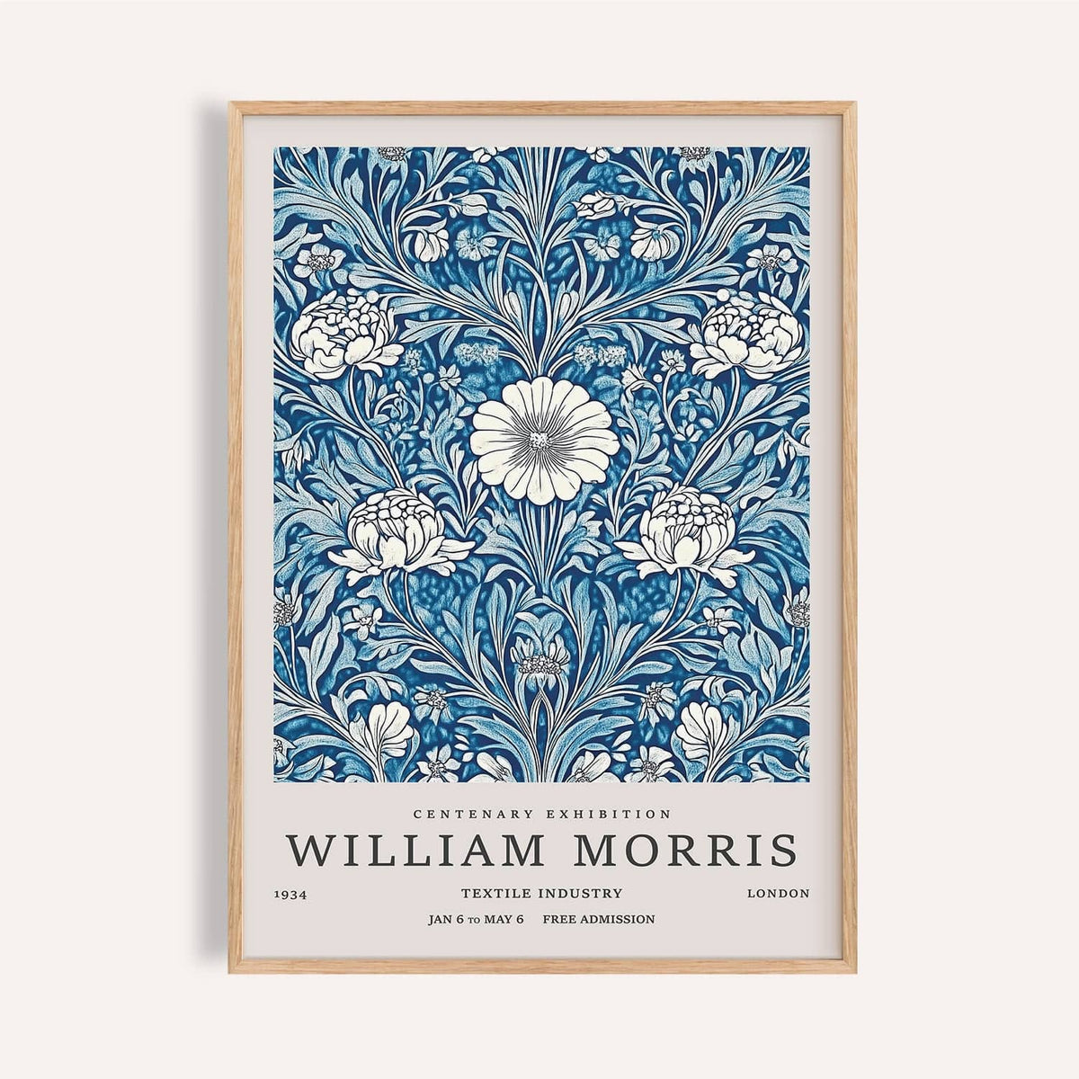 Framed Blue Botanical Prints showing a detailed blue floral pattern with text below