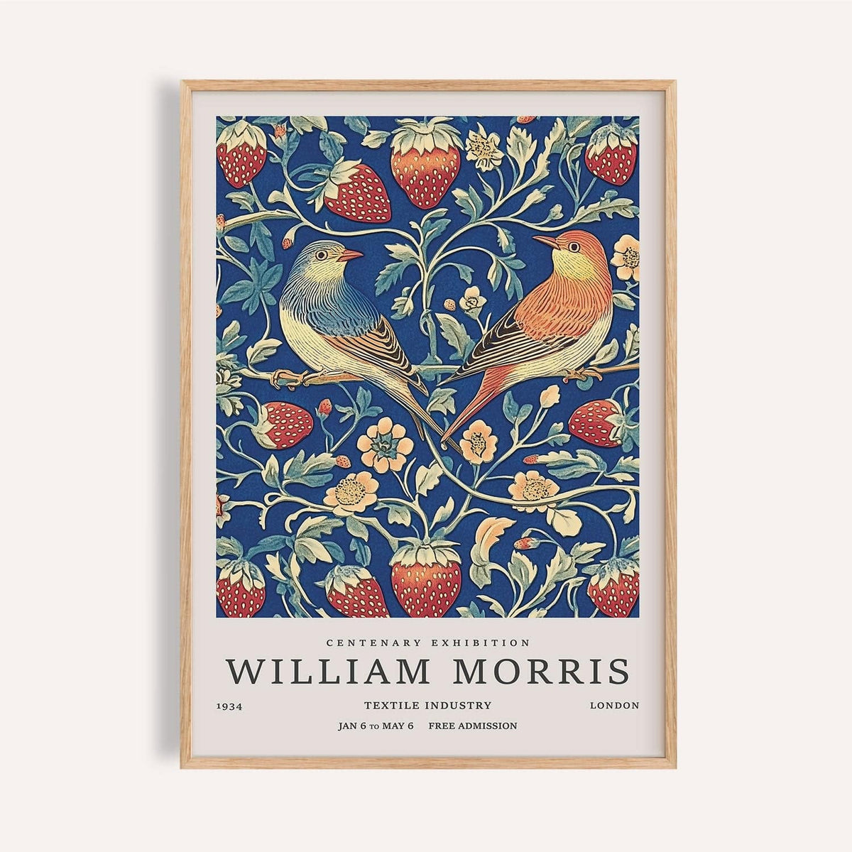 Vintage wall art with two birds and strawberries in botanical illustration style in a wooden frame