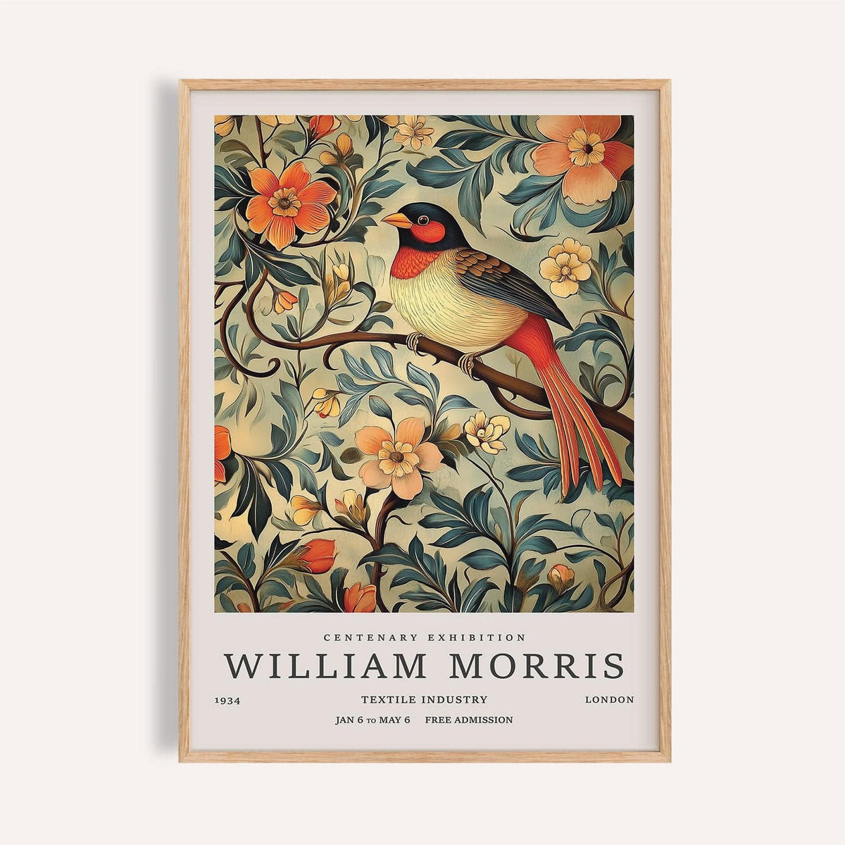 Close-up of bird vintage prints framed print with a red and beige bird and floral background