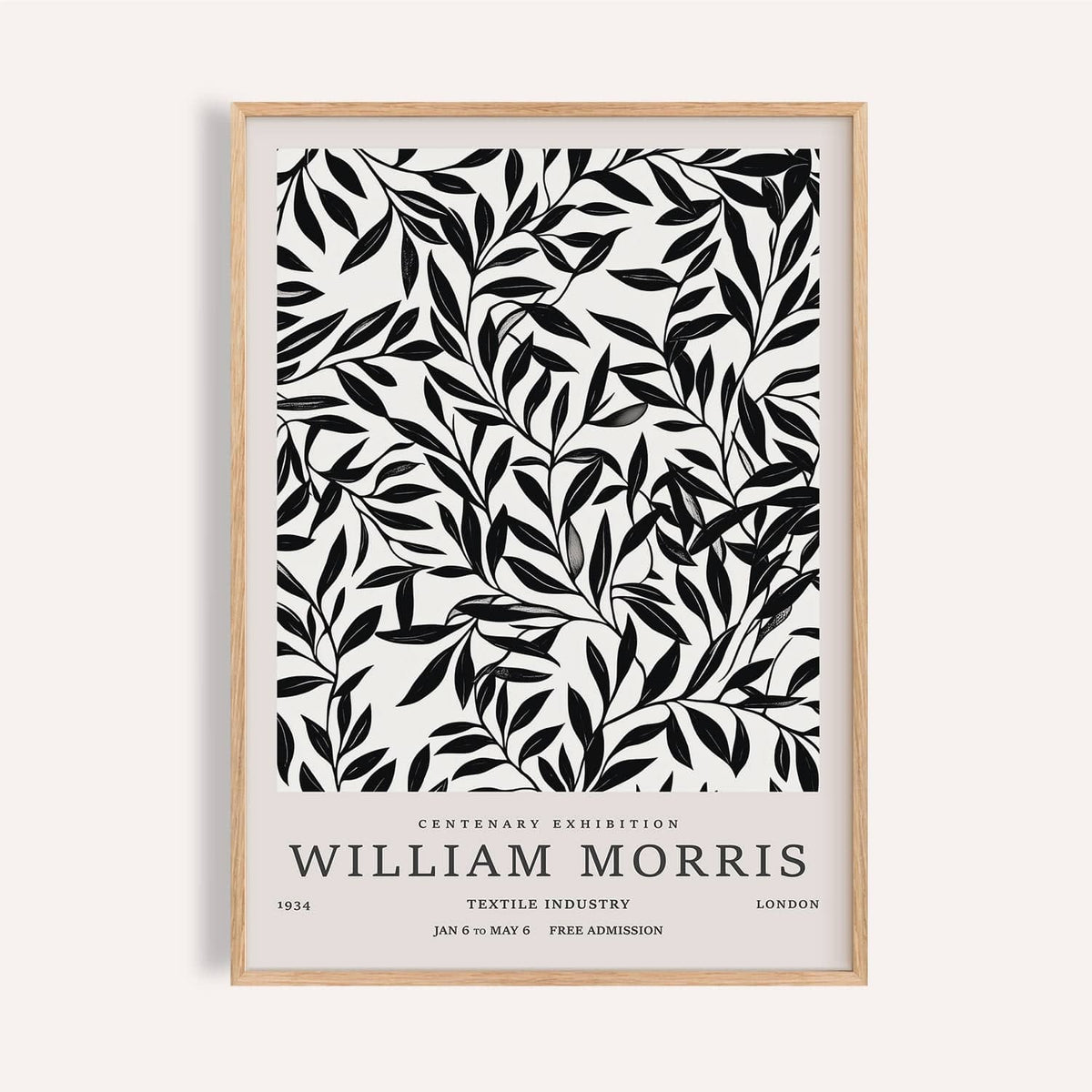 Black and White Vintage Wall Art framed print close-up with black leaf branches and text in beige background