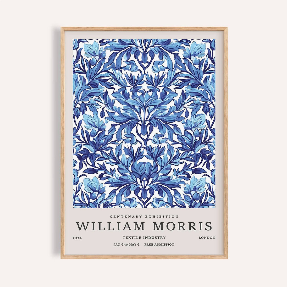 Framed vintage wall art decor with blue indigo floral pattern and text by William Morris