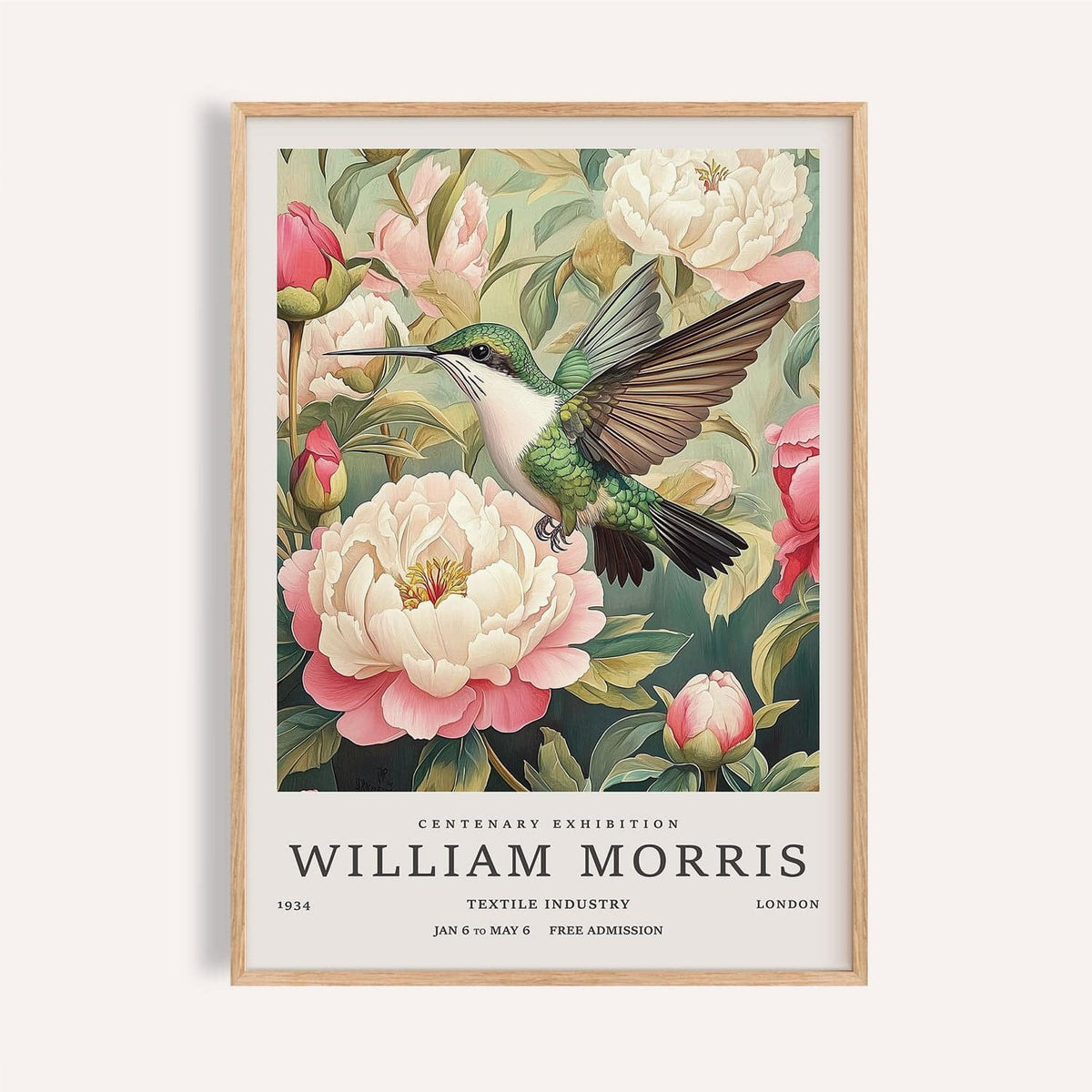 Framed Hummingbird Prints showing a green hummingbird and pink and white peonies with text below