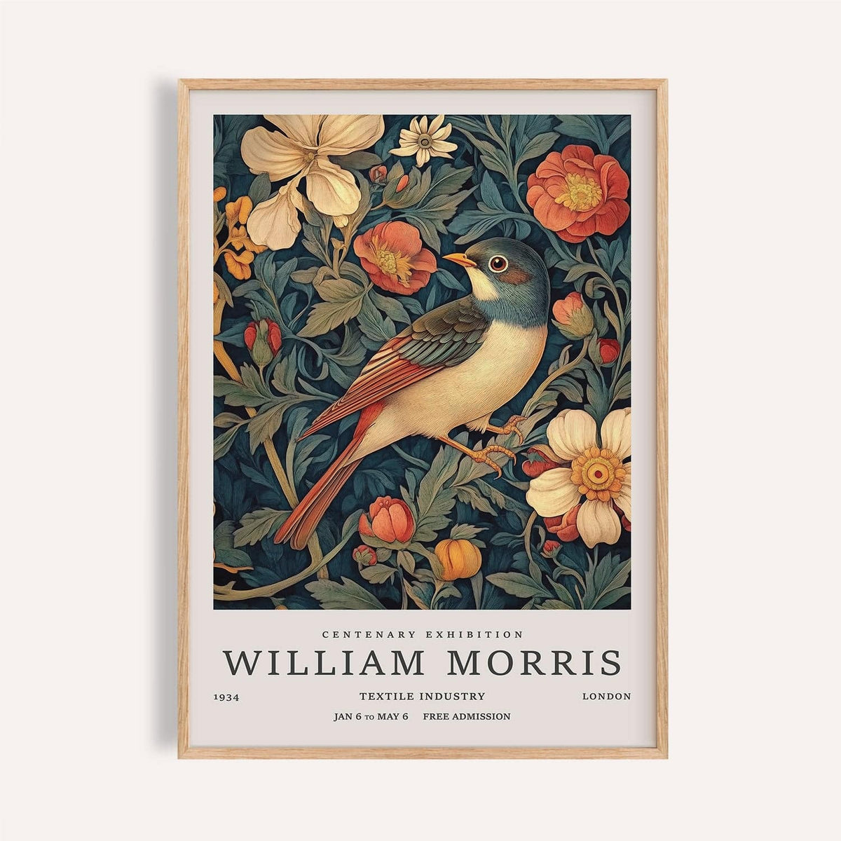 Vintage bird prints with perched songbird and red florals on dark background