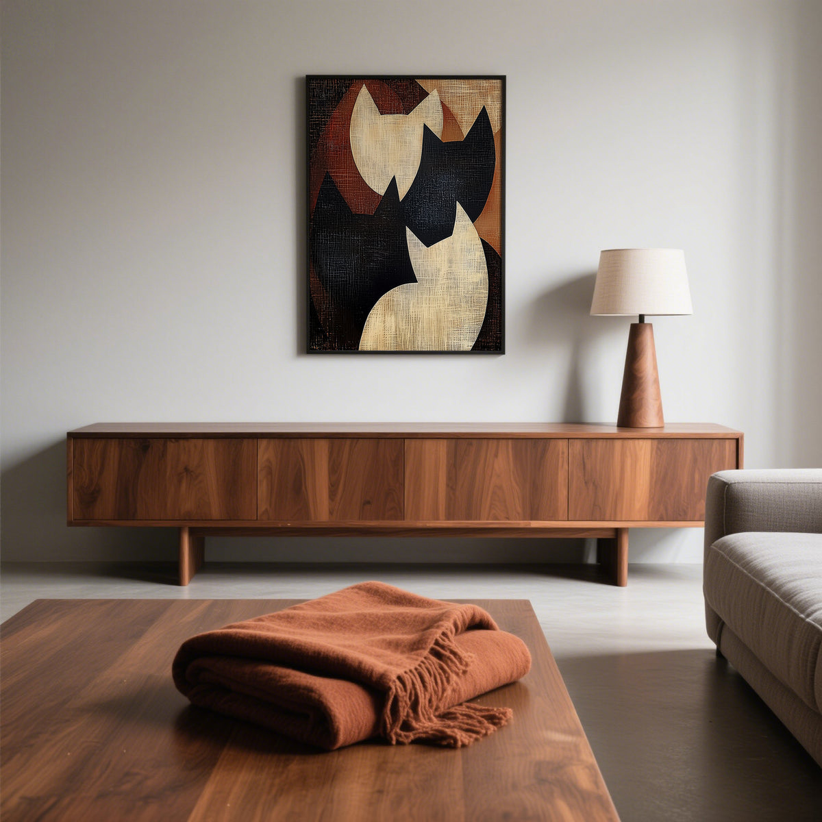Elegant abstract cat art for Japandi-style walls with subtle warmth