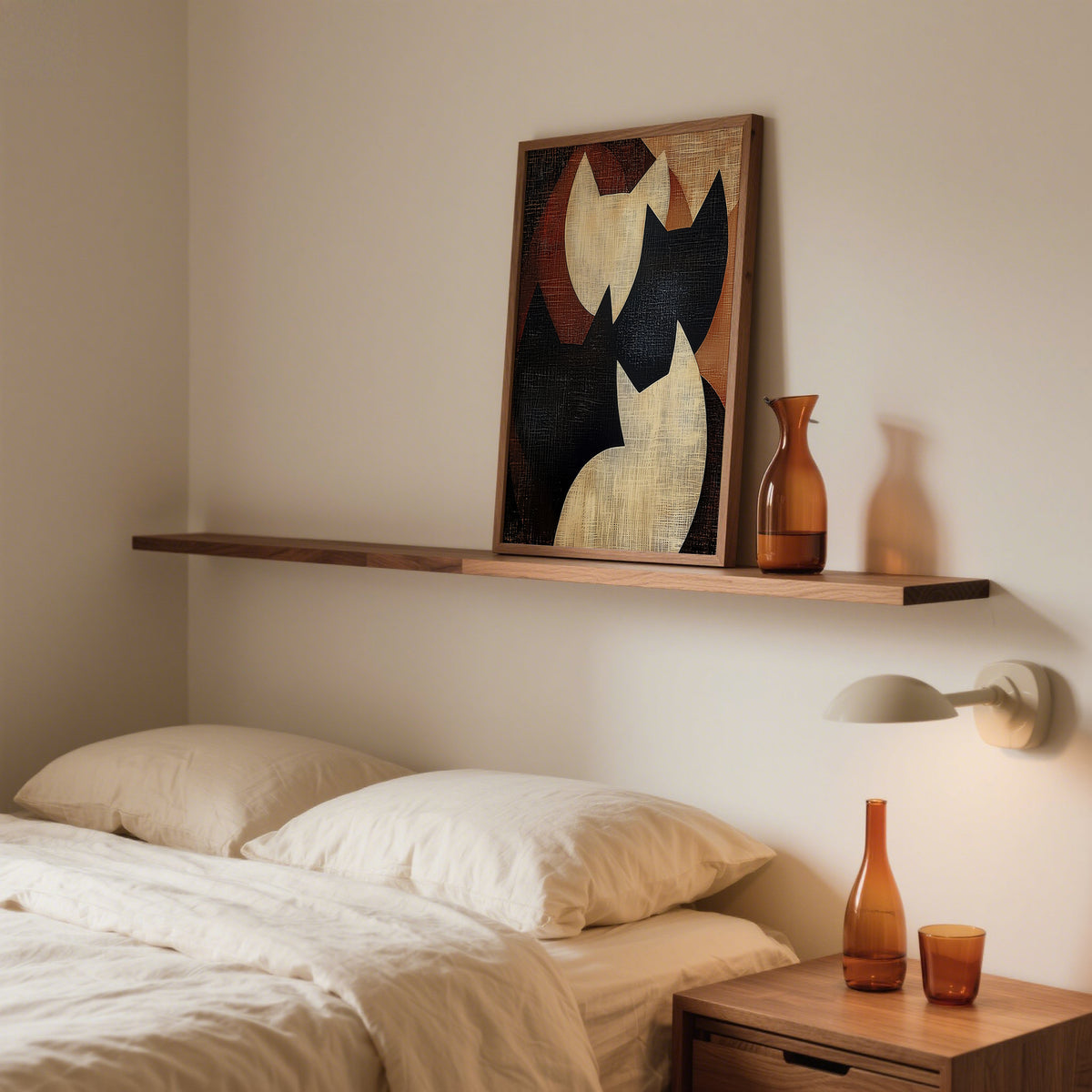Bedroom Wall with Abstract Cat Art in neutral colors