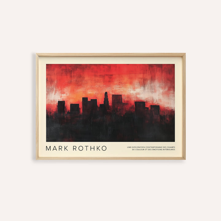 Framed print of California city skyline silhouette in red and black abstract style