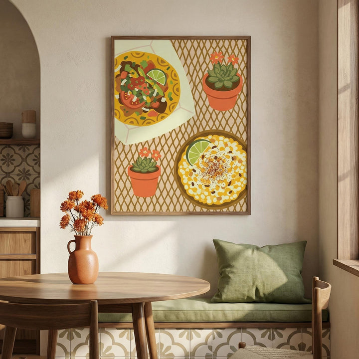 Taco Wall Art in a dining room with yellow and green tones and an orange vase on the table