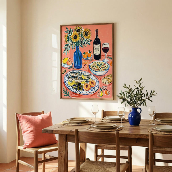 Wine and seafood decor print with grilled fish and lemons above a wooden dining table with blue vase