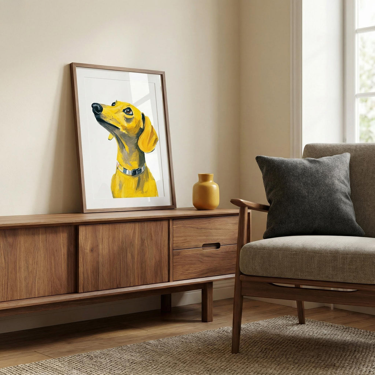 Print leaning on a shelf showing a yellow dachshund dog with a white collar beside a yellow vase