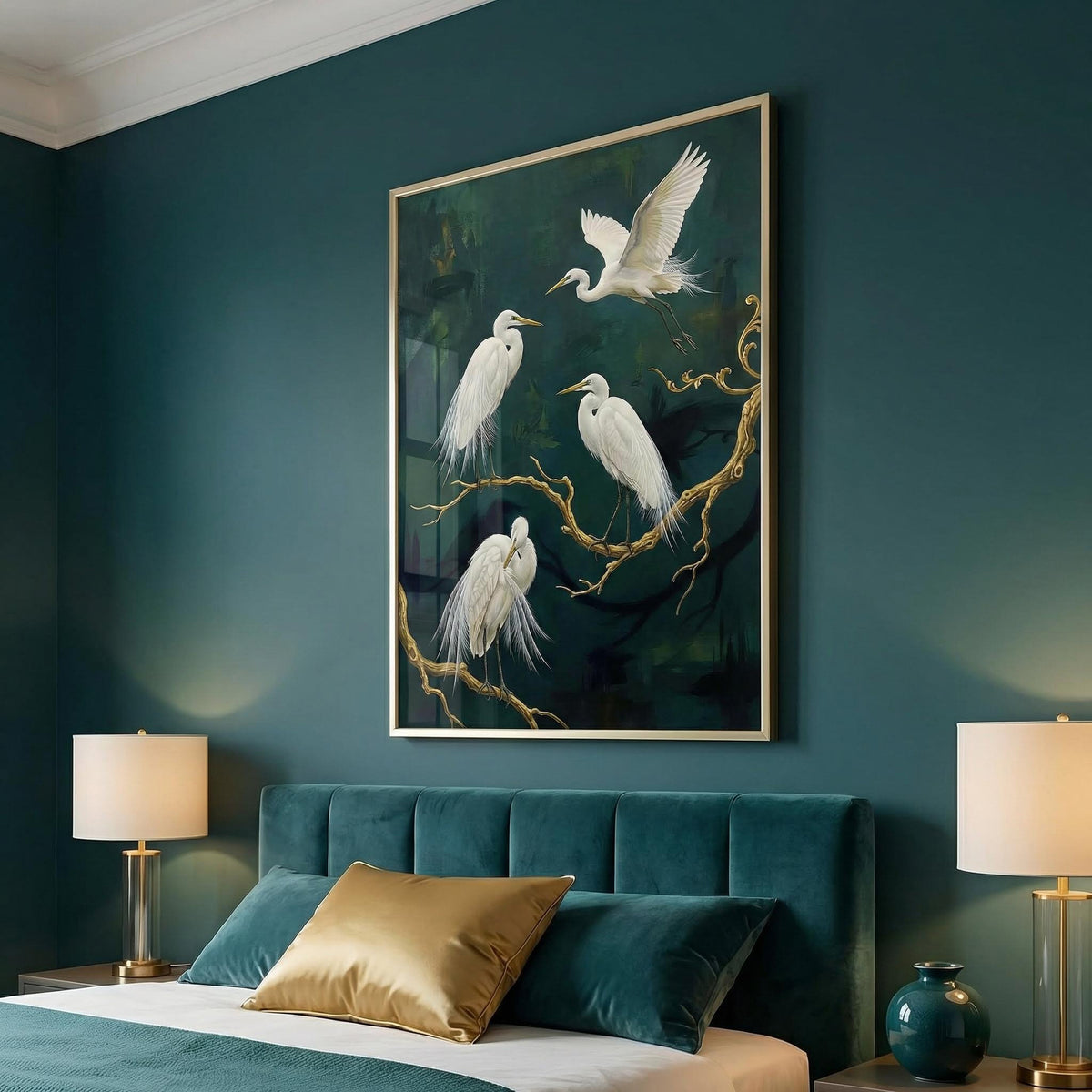 Elegant Bird Art Print of white egret birds on branches with dark green background above a bed with teal headboard