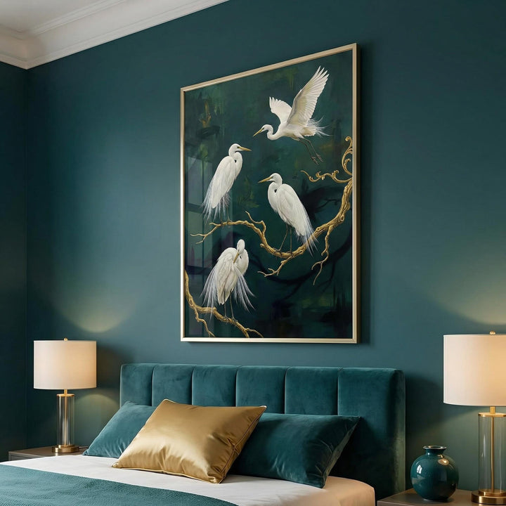 Elegant Bird Art Print of white egret birds on branches with dark green background above a bed with teal headboard