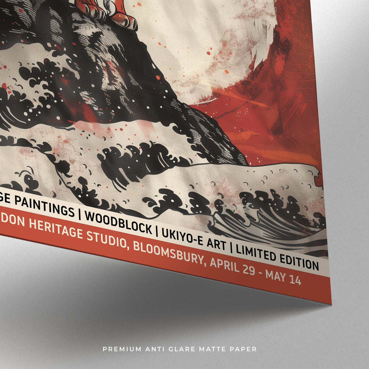 Close-up of Japanese woodblock print showing tiger on rock with red and black vintage style