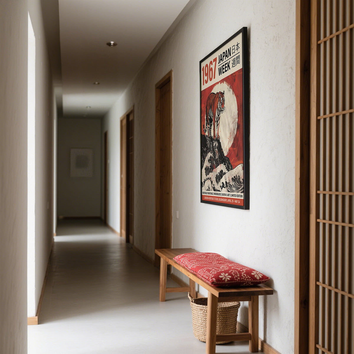 Buy Japanese Woodblock Prints hung in a hallway showing a tiger illustration with red and black tones above a wooden bench