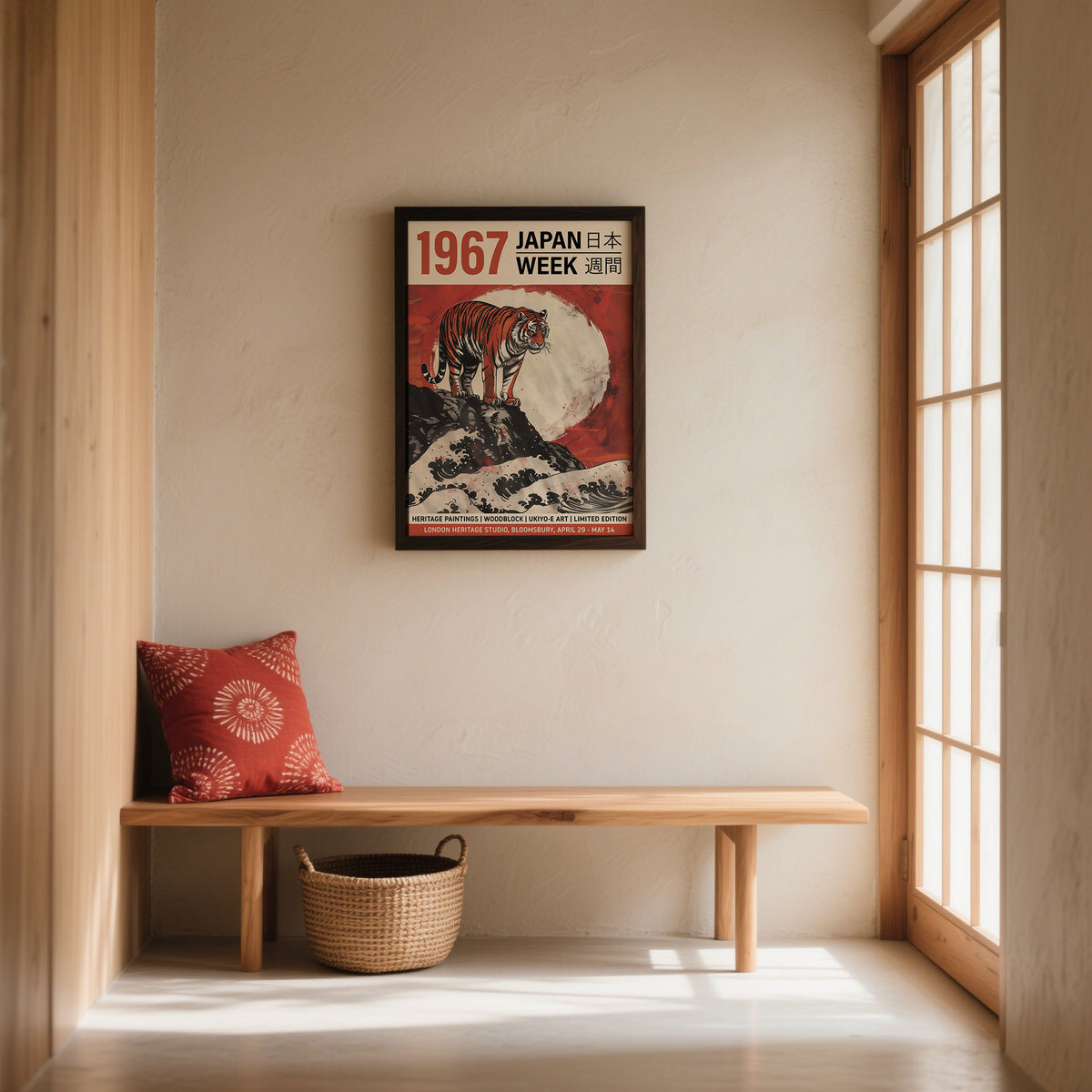 Print on a wall in a room showing a tiger on a rock with red and black tones with a wooden bench nearby