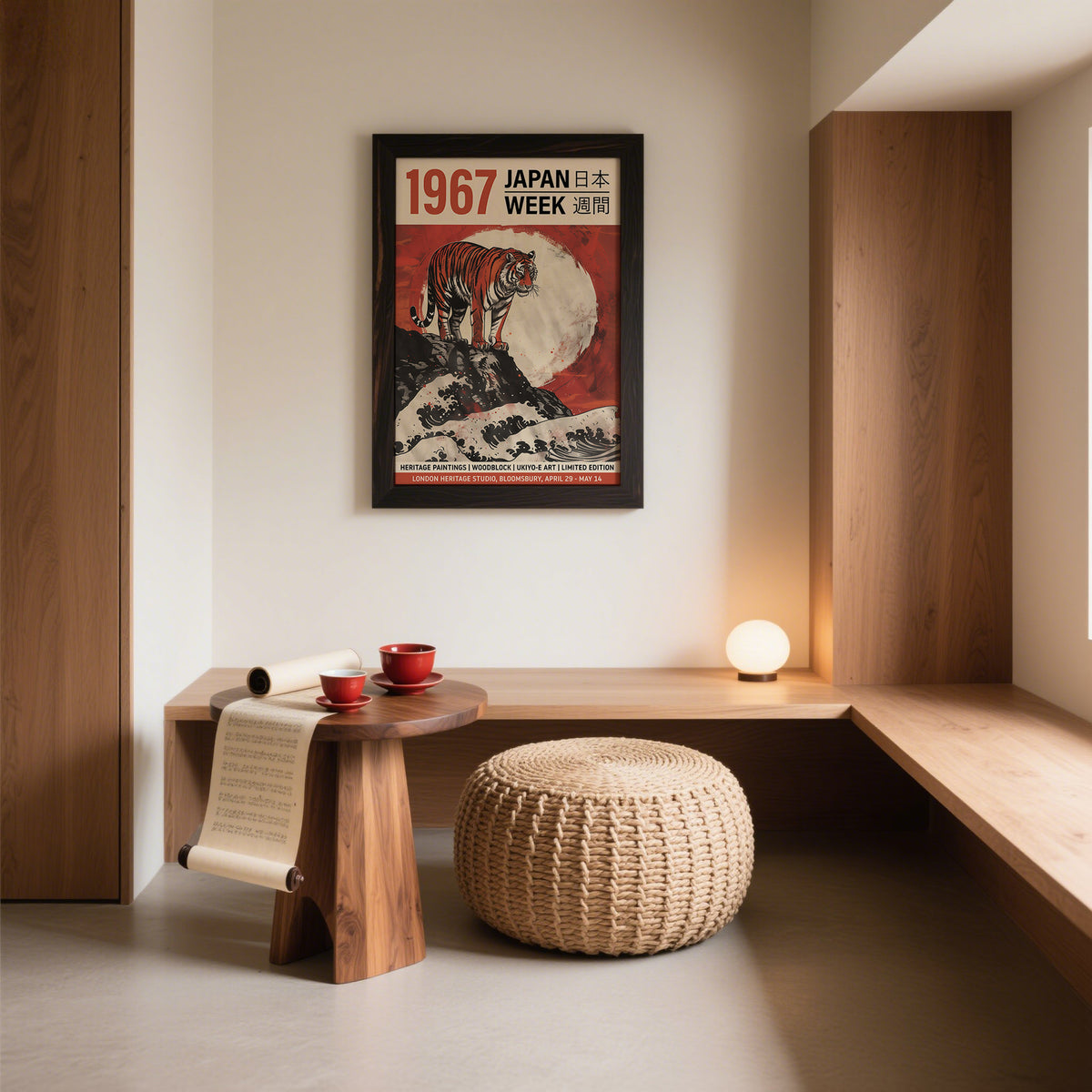 Buy Japanese Woodblock Prints framed print of a tiger on a rock with a red sun in a modern room with a pouf and table