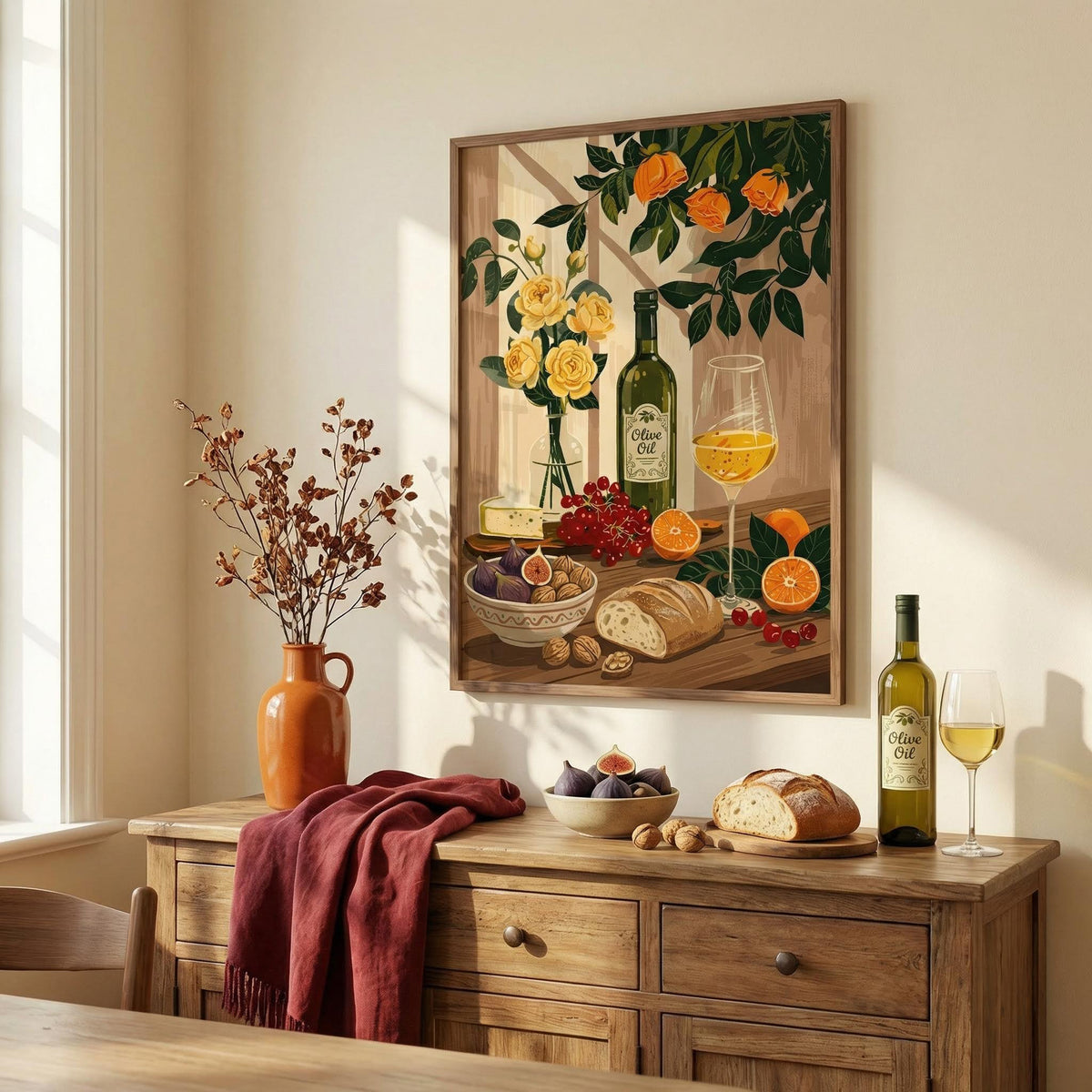 Still Life Kitchen Art print with bread and figs above wooden sideboard with an orange vase
