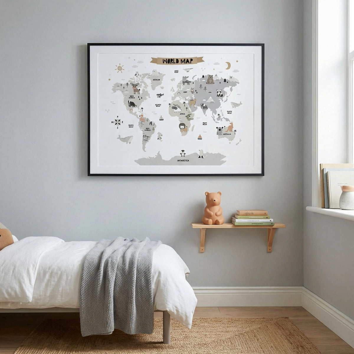 Childs World Map print with minimalist animals and landmarks in soft greys in a child's bedroom above a small shelf
