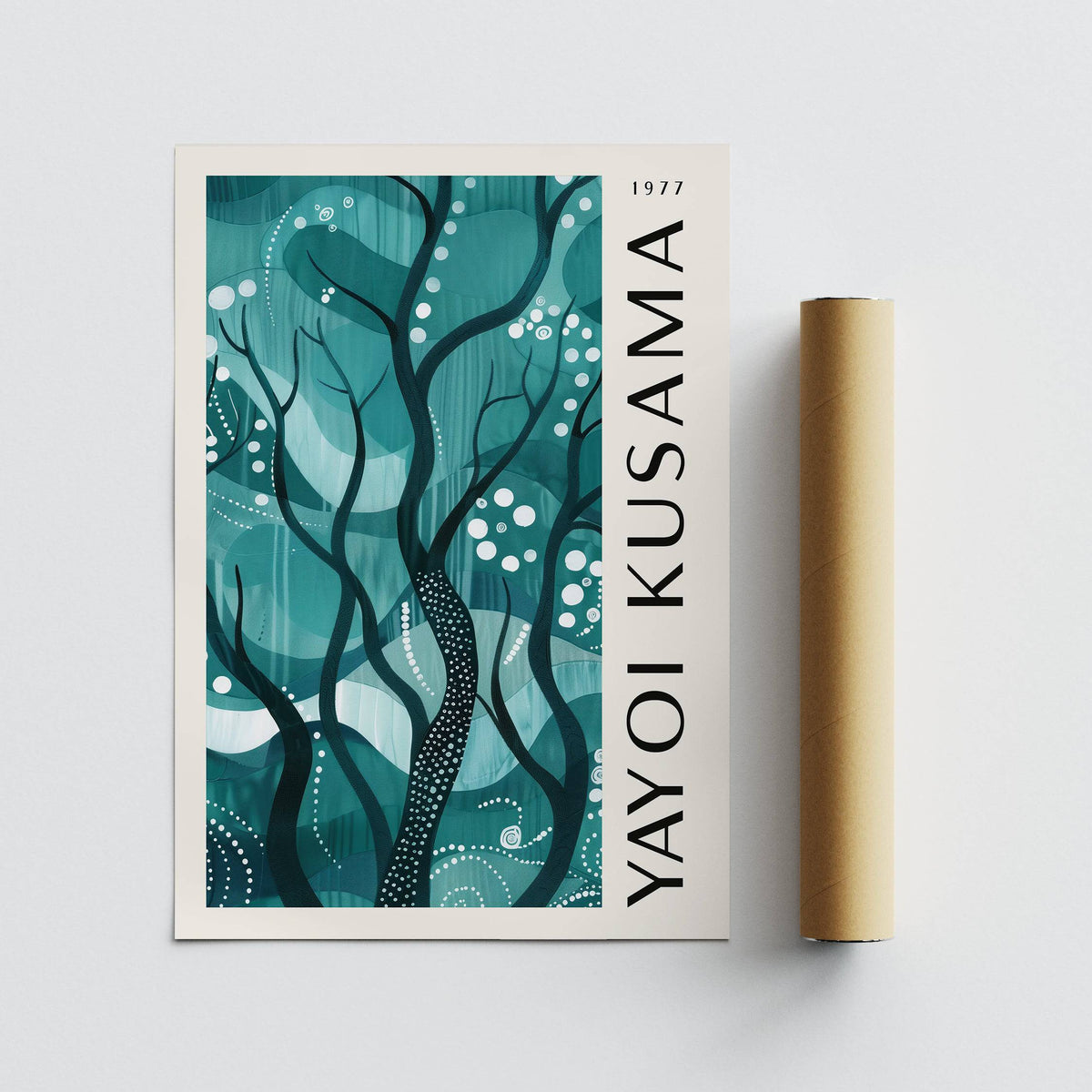 Green Nature Poster showing abstract forest branches in turquoise and black beside a packaging tube
