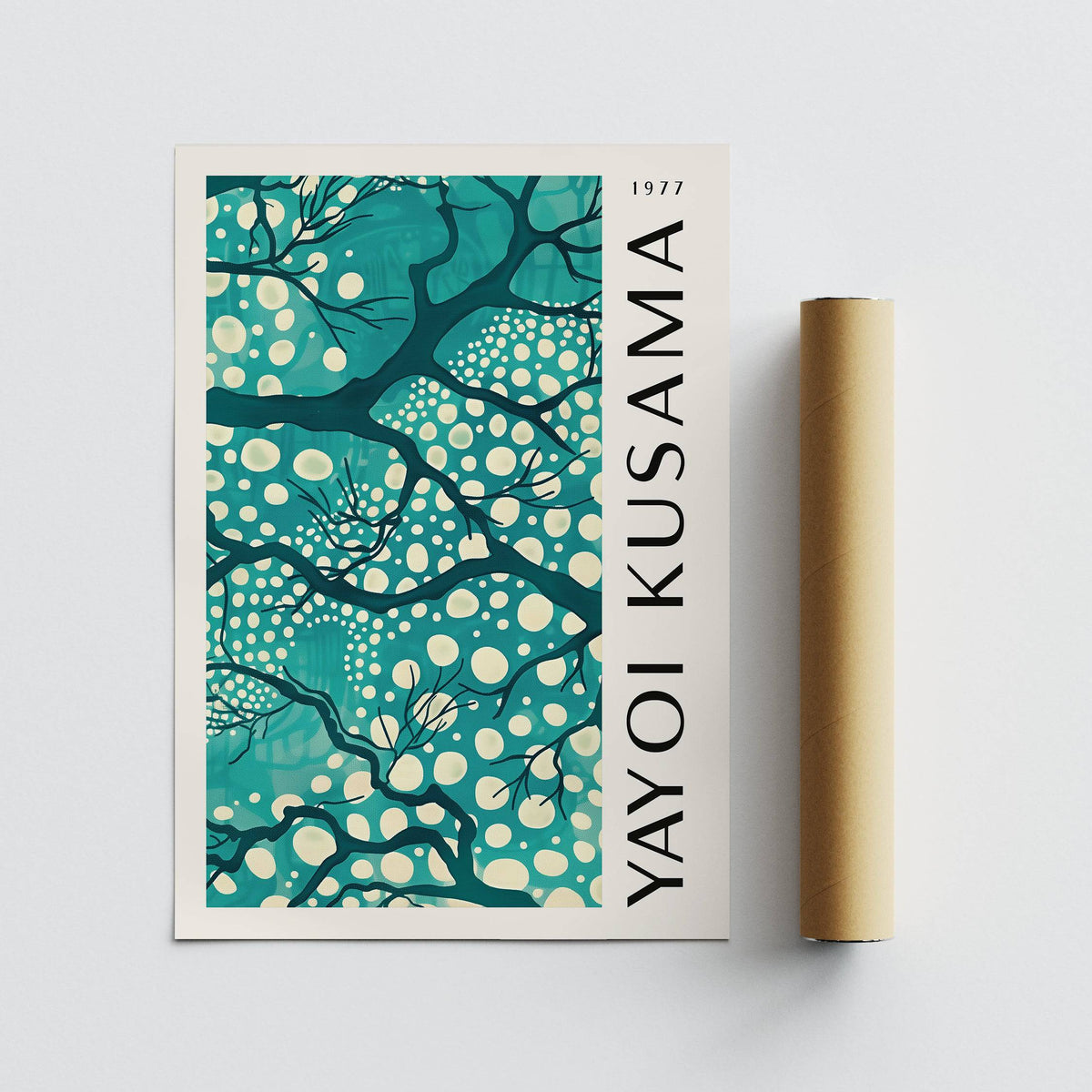 Teal wall art featuring abstract tree branches with cream dots beside a packaging tube