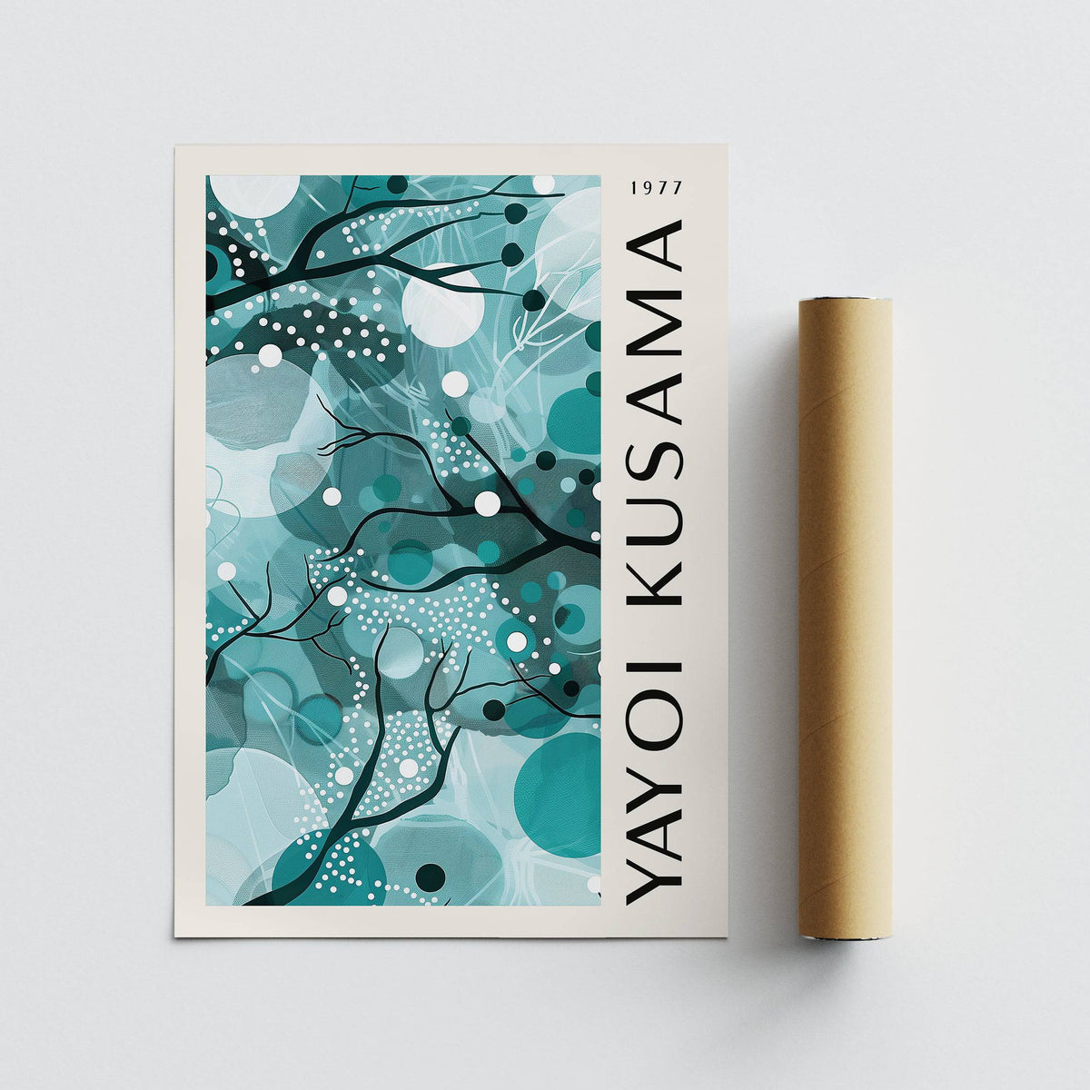 Wall Art with Teal Colors abstract organic shapes with dots and branches next to a packaging tube