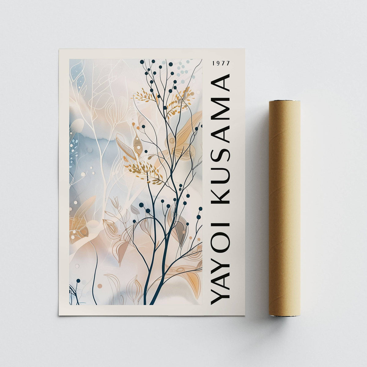 Large Neutral Wall Art showing delicate branches with berries alongside a packaging tube on a white background