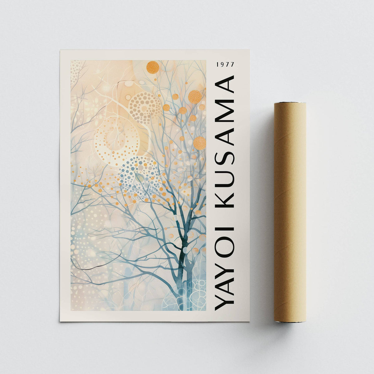 Luminescent Forest print leaning on a white surface beside a brown packaging tube with abstract tree and dot patterns