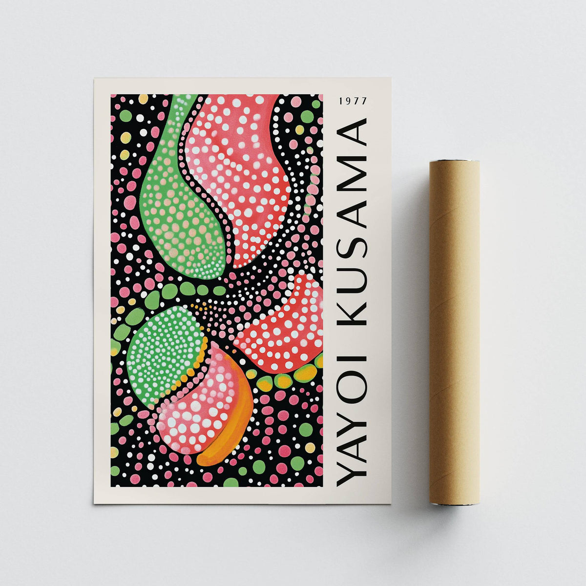 Abstract shapes wall art print with colourful dotted patterns beside a packaging tube