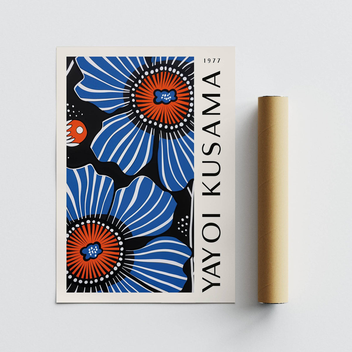 Blue floral home decor print flat with bold blue and orange poppy flowers next to packaging tube