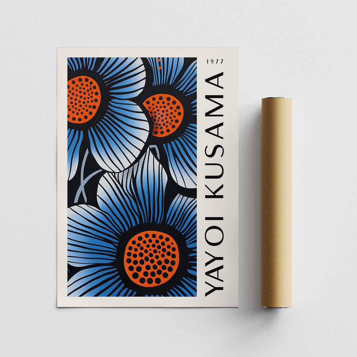 Blue living room wall art illustration of blue flowers with orange centres next to a packaging tube