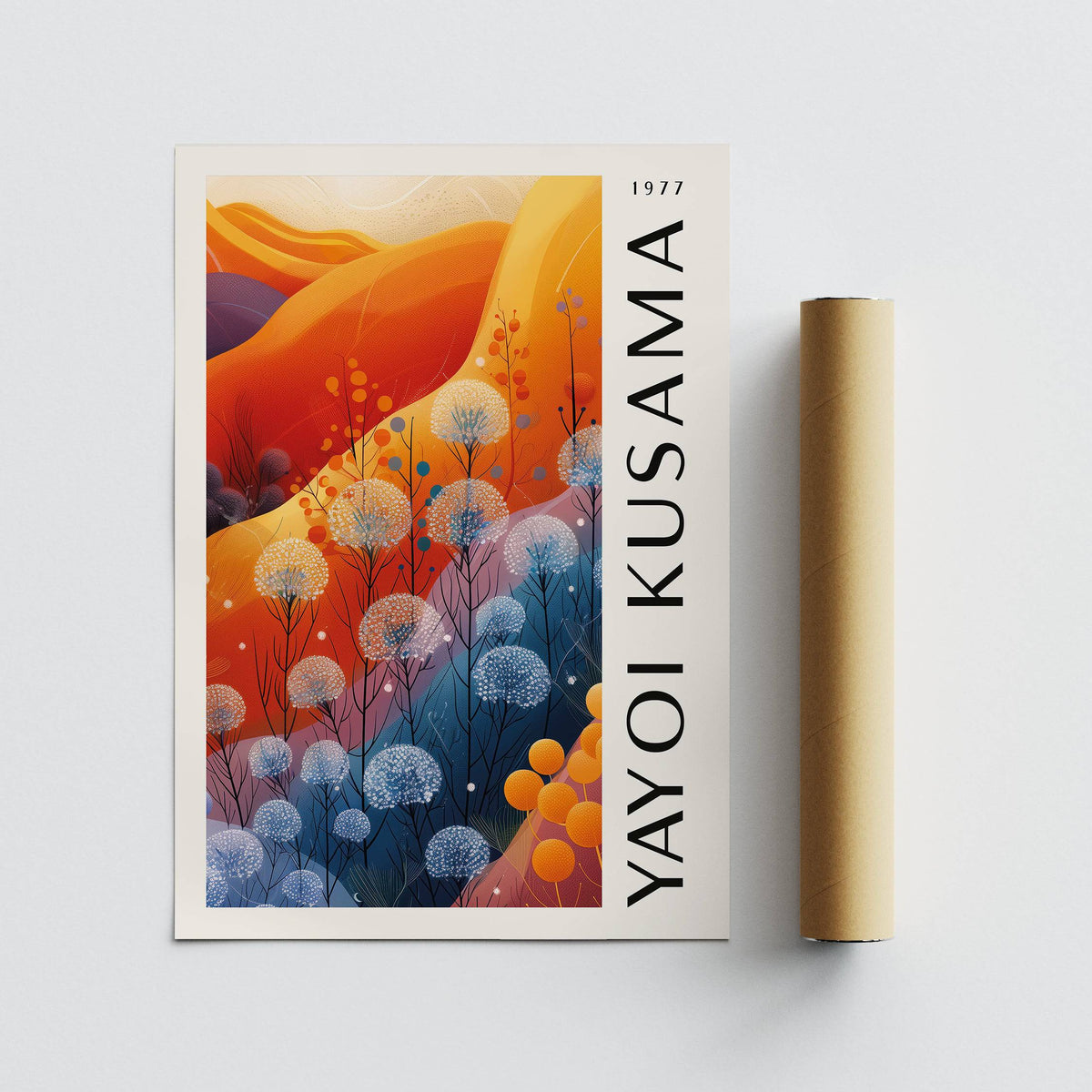 Blue Orange wall decor showing abstract flowers in blue and orange hues with packaging tube beside it