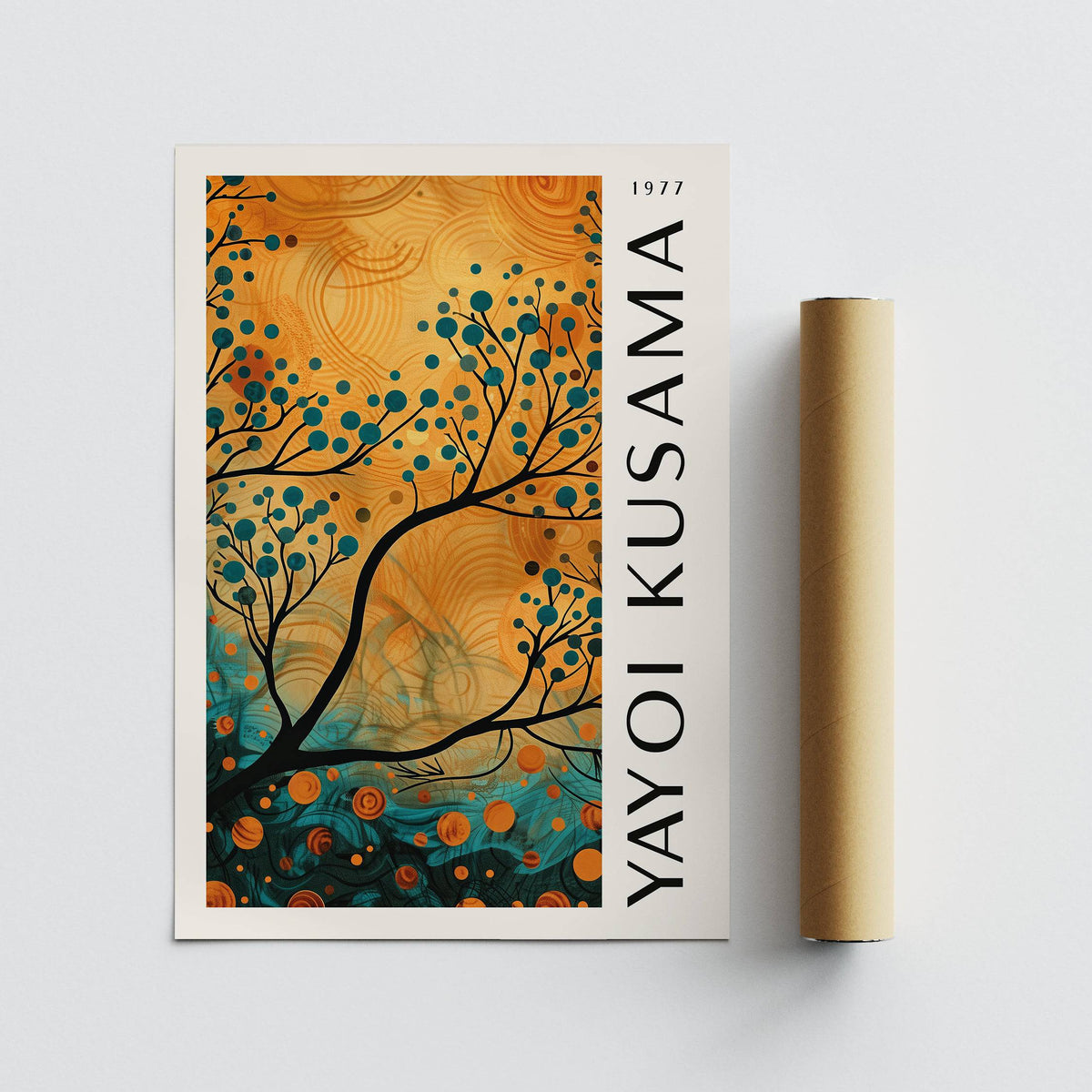 Autumn wall art with abstract tree branches in orange and teal beside a packaging tube