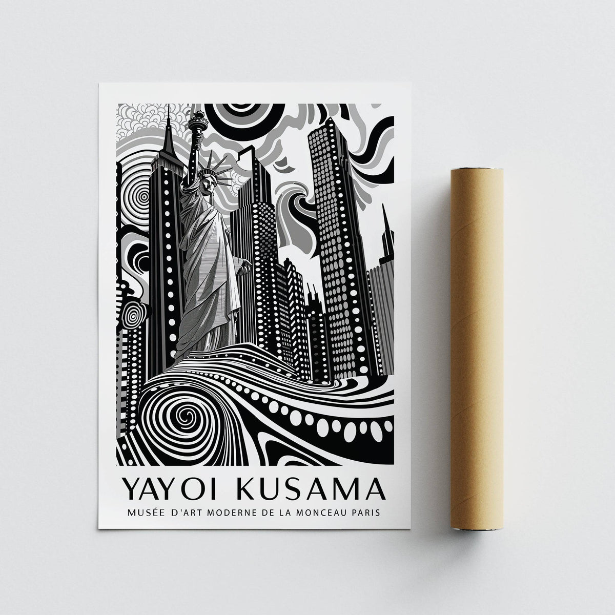New York Cityscape wall art print with Statue of Liberty beside a packaging tube