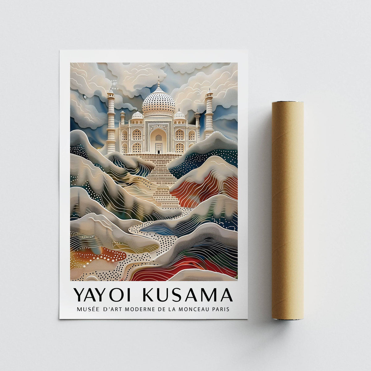 Surreal Taj Mahal art print illustrated in soft neutral colours next to a packaging tube