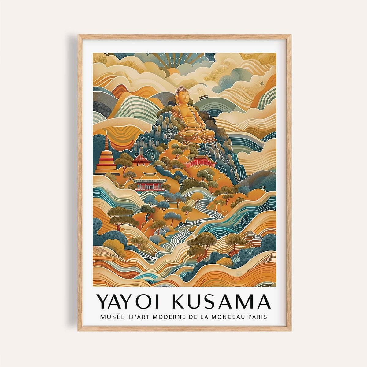 Framed Large Buddha Wall Art illustrating a seated Buddha with warm earth tones and rolling hills