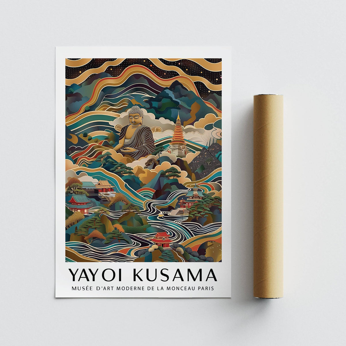 Buddha Poster flat artwork with a colourful contemporary illustration and a botanical style