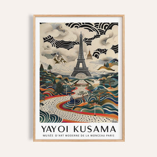 Framed Eiffel Tower print with abstract swirls and beige clouds on a beige background