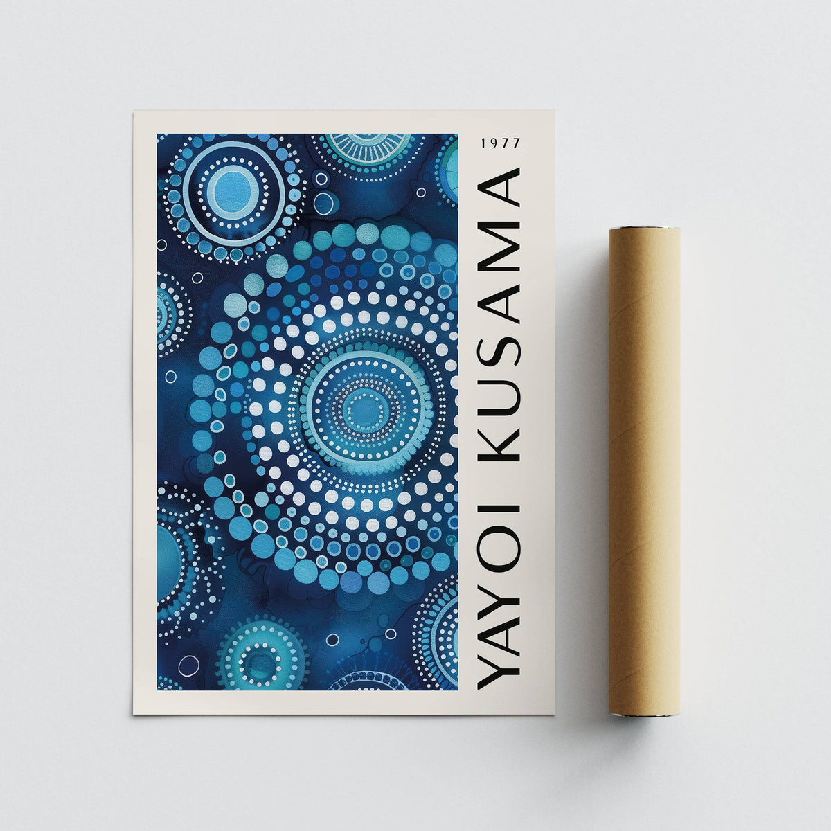 Mandala wall art with blue circular dot pattern alongside a cardboard packaging tube