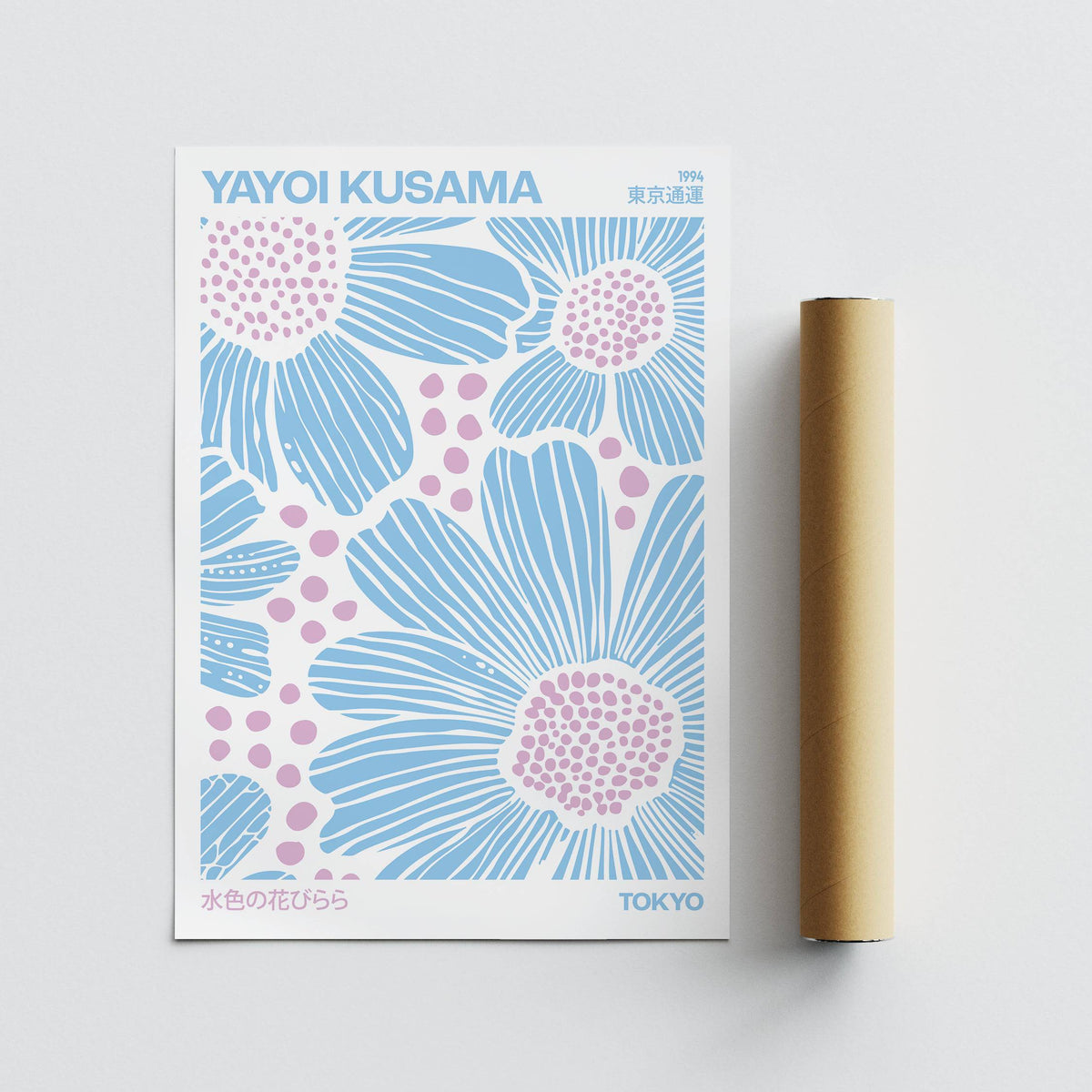 Light Blue Wall Art print with blue and pink floral illustration next to a packaging tube on a white surface