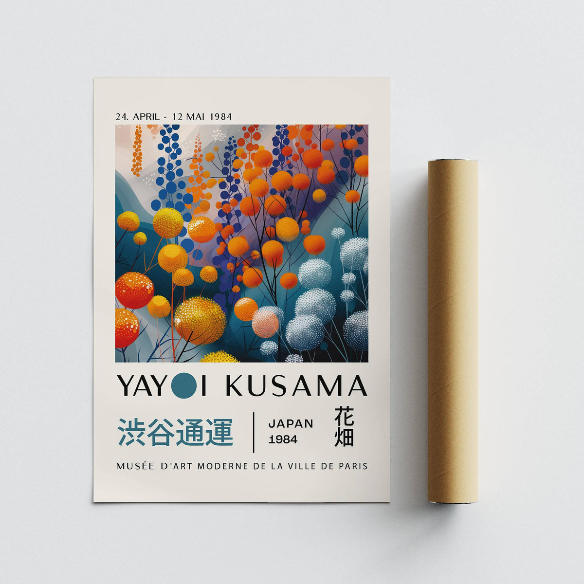 Abstract Floral Wall Art with round pom-pom flowers in orange blue and white with a rolled packaging tube