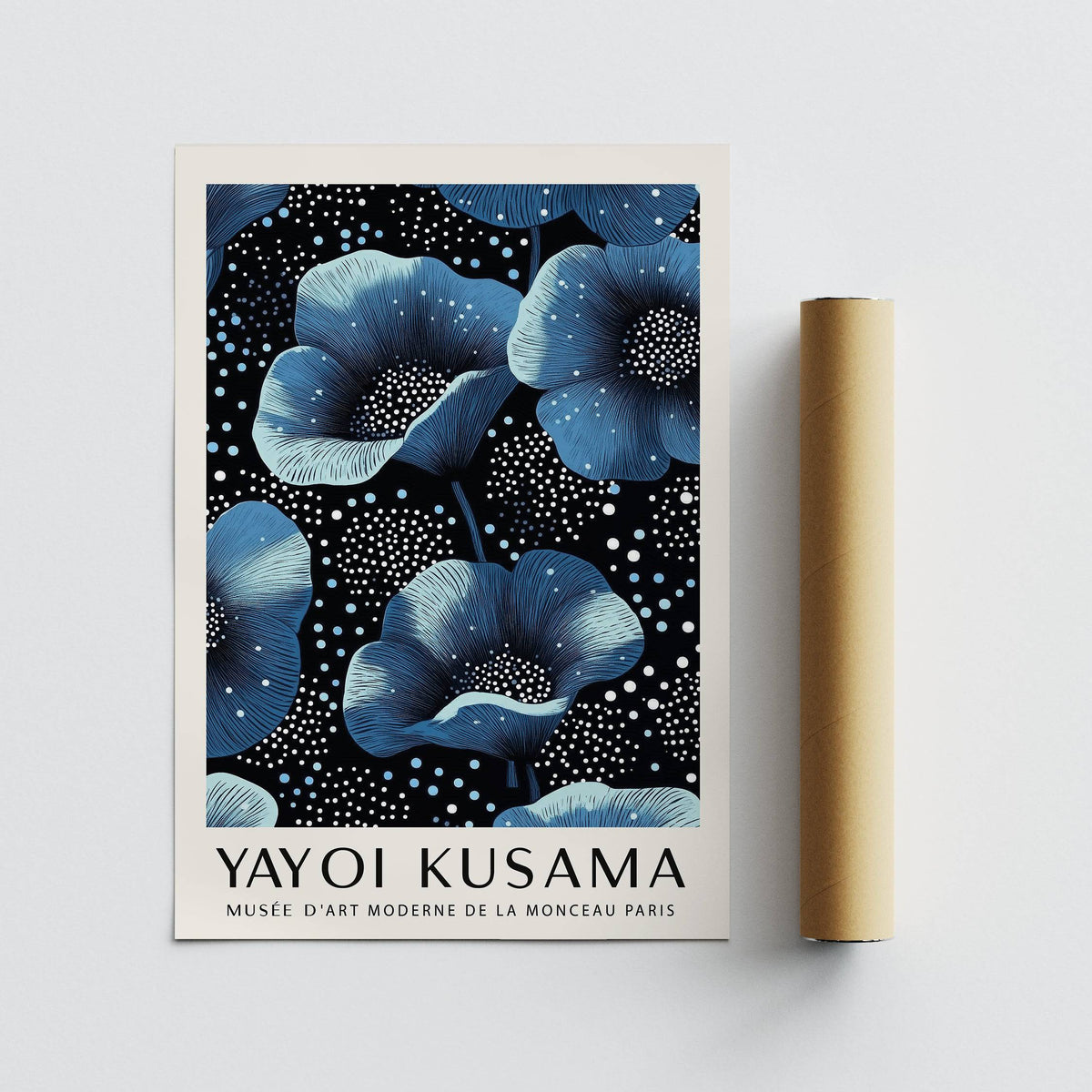Wall Art Blue Flowers rolled print with brown packaging tube on plain surface