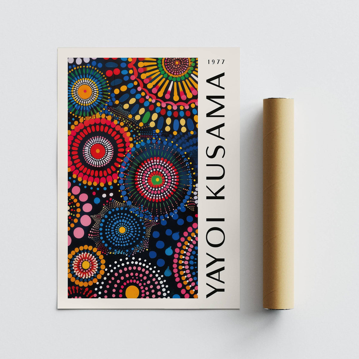 Mandala art for wall with colourful abstract minimalist circles alongside packaging tube