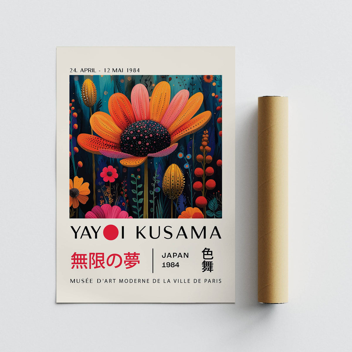 Flower wall decor with orange flower and black centre beside a packaging tube