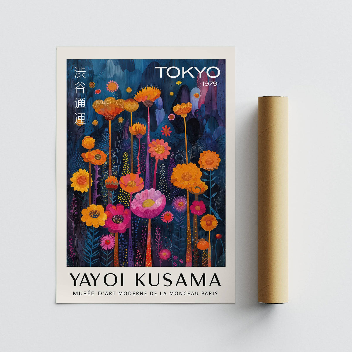 Colorful Flower Wall Art print with orange and pink flowers next to a packaging tube