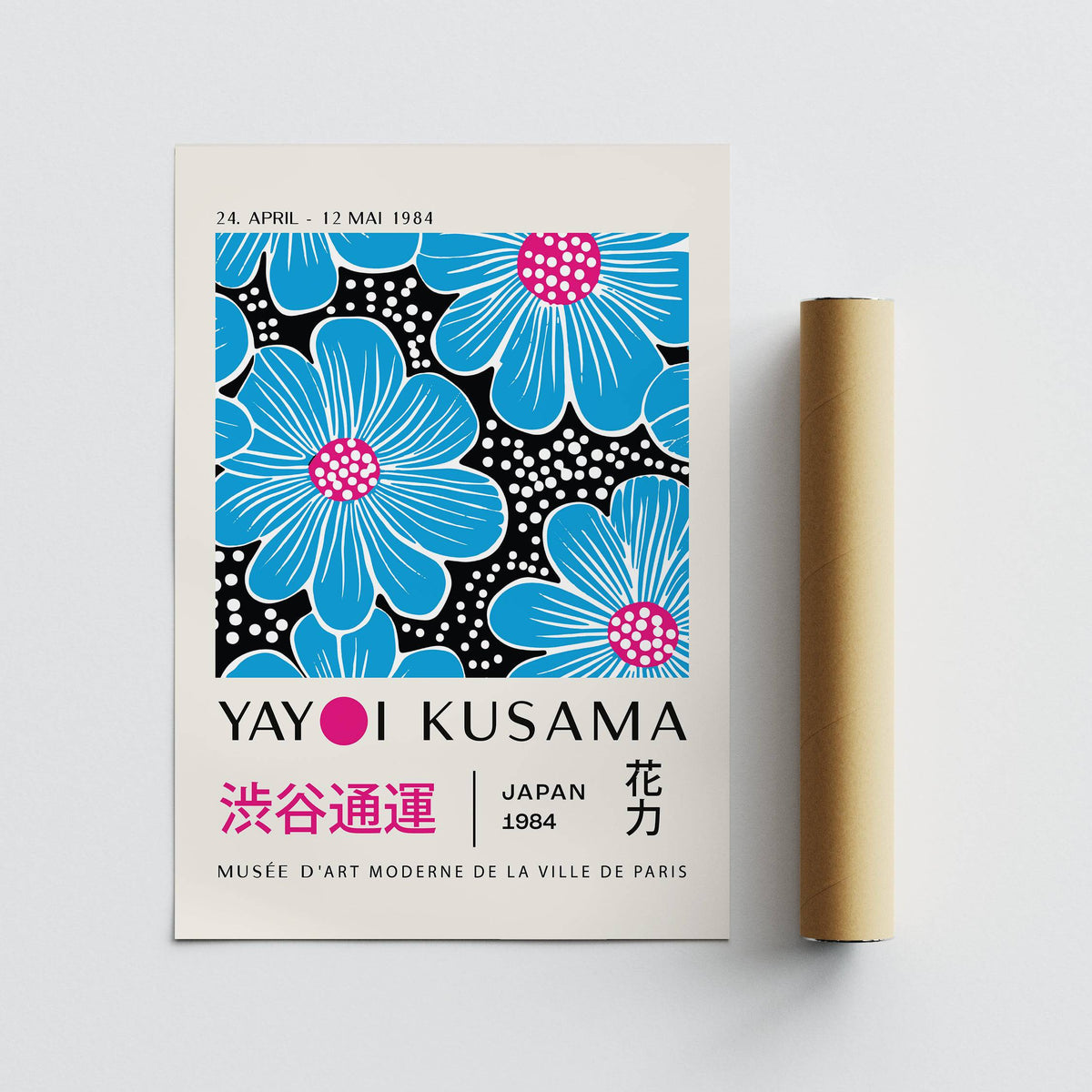 Large Modern Floral Wall Art with blue and pink flowers on black and white background alongside a packaging tube