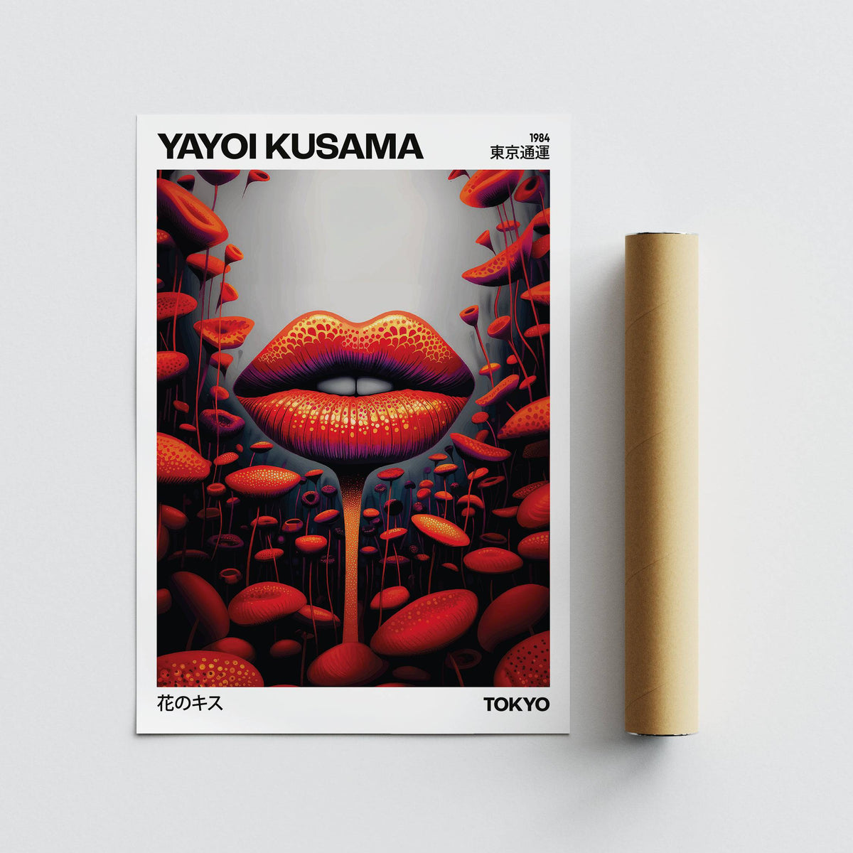 Strange wall art print of red lips mushroom with dark background and white border with text next to packaging tube