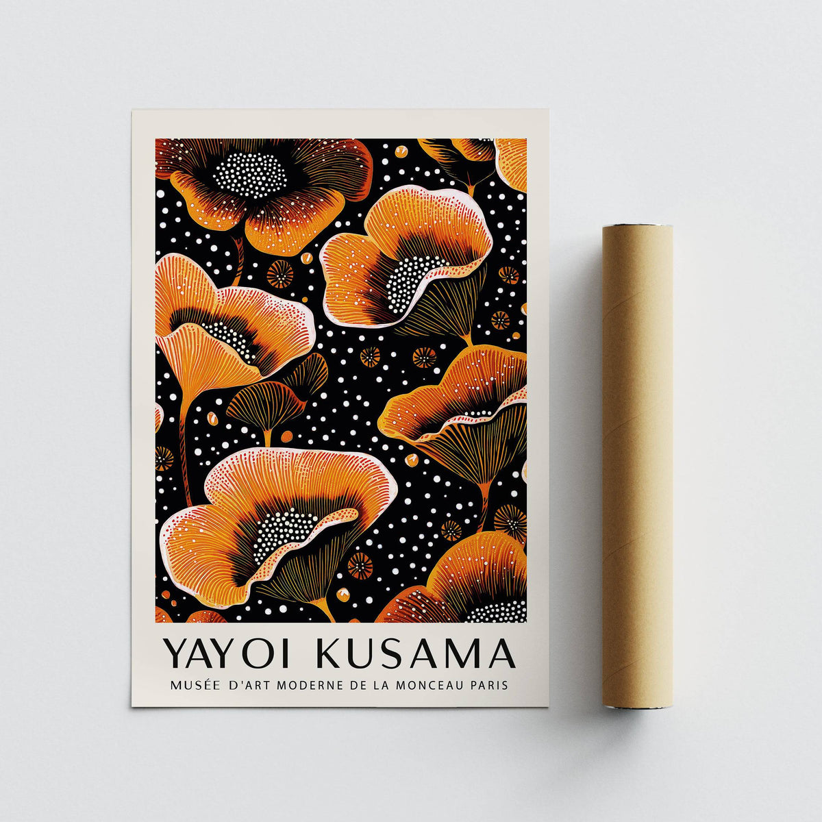 Orange Print of orange stylised flowers with white dots beside a packaging tube