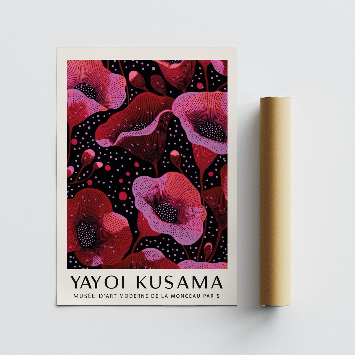 Wall Art in Pink stylised poppies in shades of red and pink beside a brown packaging tube