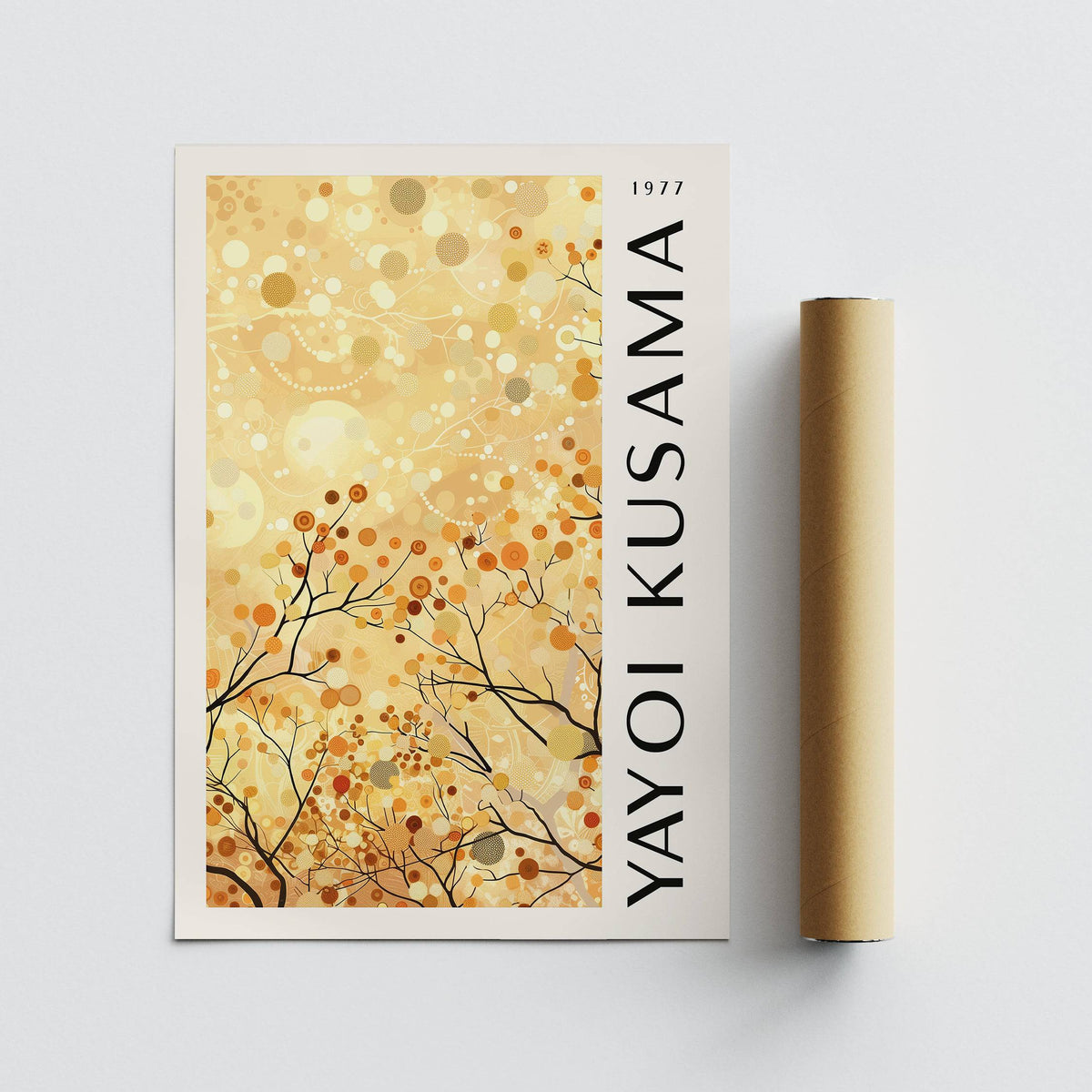 Yellow Nature Art print of autumn branches with orange and brown dots beside a packaging tube