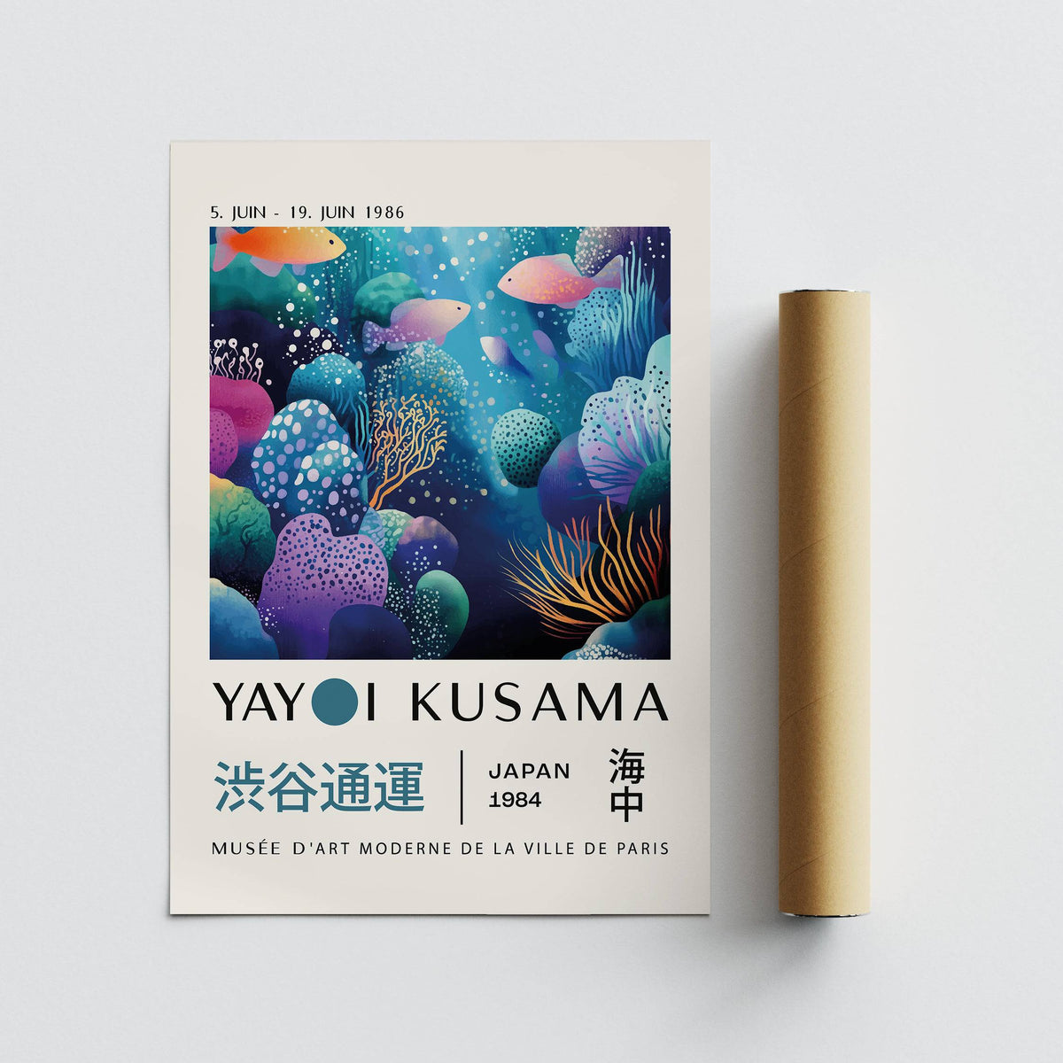 Fish artwork prints showing colourful coral reef and fish with blue and pink tones next to rolled packaging tube